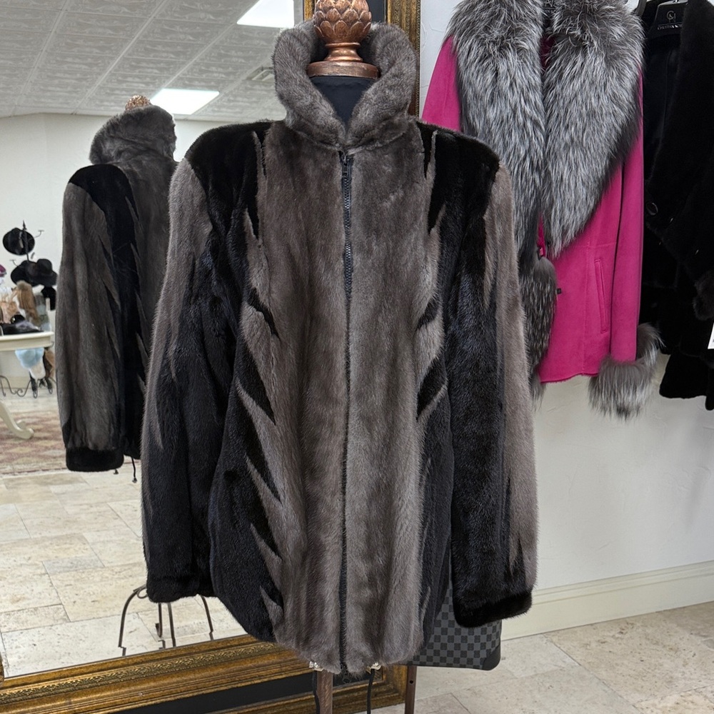 Luxurious natural Blackglama male mink zipper jacket with Blue Iris Mink.
